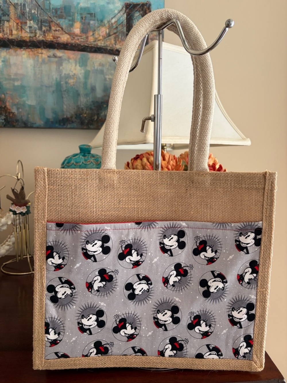 New Mickey and Minnie Mouse Jute and cotton tote with character patterned pocket